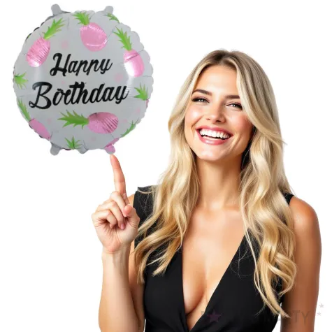 balon foliowy ananasowe happy birthday rozowy 18 rnd