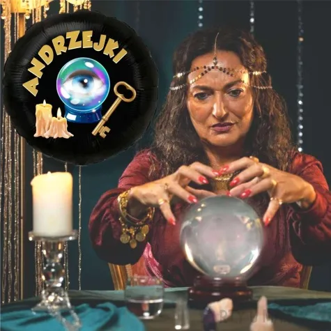 balon foliowy andrzejki wrozbita maciej i szklana kula czarny 18 rnd