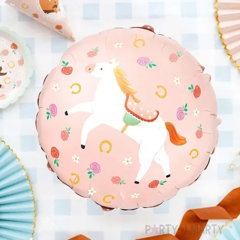balon foliowy bialy kon i kwiaty rozowy jasny partydeco 18 rnd