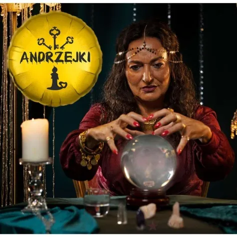 balon foliowy blyszczace andrzejki klucz i swieca zloto czarny 18 rnd