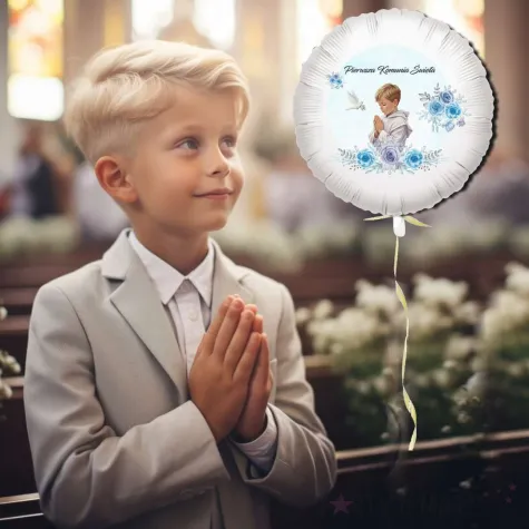 balon foliowy chlopczyk w albie dekoracja na komunie swieta bialy 18 rnd