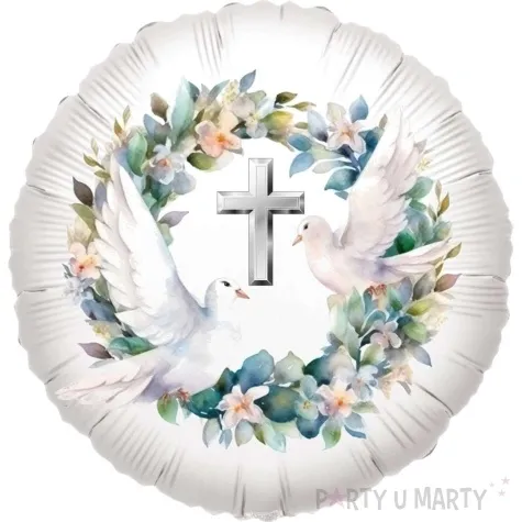 balon foliowy chrzest swiety golebice srebrny krzyz 18 rnd