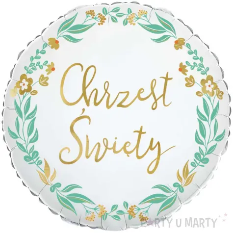 balon foliowy chrzest swiety zloty napis bialy partydeco 18 rnd