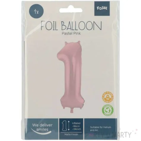 balon foliowy cyfra 1 metaliczny mat rozowy pastelowy folat 34 dgt