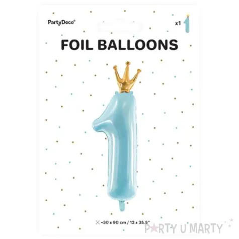balon foliowy cyfra 1 z korona blekitno zloty partydeco 35 dgt