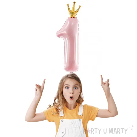 balon foliowy cyfra 1 z korona rozowo zloty partydeco 35 dgt