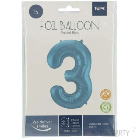 balon foliowy cyfra 3 metaliczny mat niebieski pastelowy folat 34 dgt