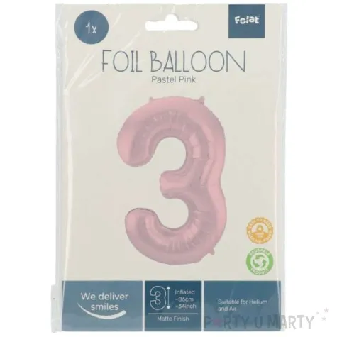 balon foliowy cyfra 3 metaliczny mat rozowy pastelowy folat 34 dgt