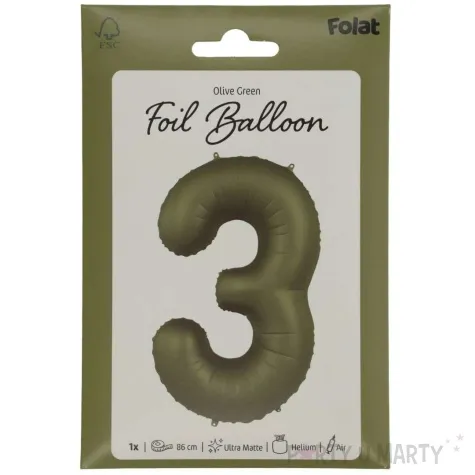 balon foliowy cyfra 3 oliwkowy folat 34 dgt