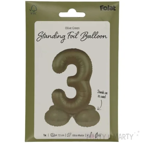 balon foliowy cyfra 3 stojaca oliwkowy folat 34 dgt