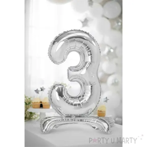 balon foliowy cyfra 3 stojaca srebrny partydeco 27 dgt