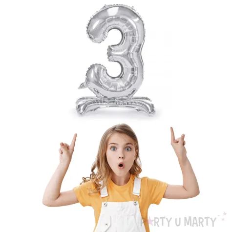 balon foliowy cyfra 3 stojaca srebrny partydeco 27 dgt