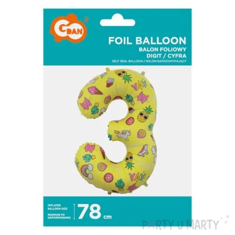 balon foliowy cyfra 3 unicorn party zolty godan 31 dgt