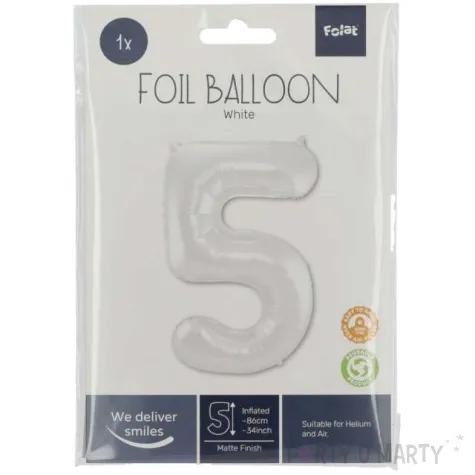balon foliowy cyfra 5 metaliczny mat bialy folat 34 dgt
