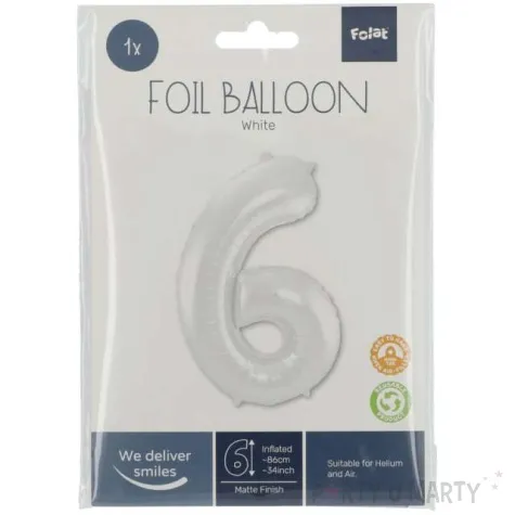 balon foliowy cyfra 6 metaliczny mat bialy folat 34 dgt