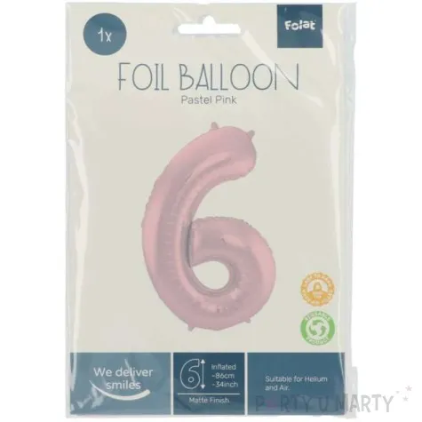 balon foliowy cyfra 6 metaliczny mat rozowy pastelowy folat 34 dgt
