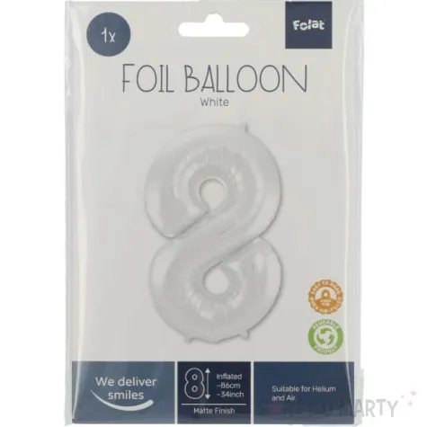 balon foliowy cyfra 8 metaliczny mat bialy folat 34 dgt