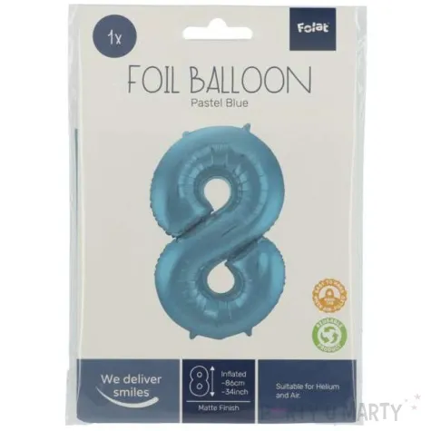 balon foliowy cyfra 8 metaliczny mat niebieski pastelowy folat 34 dgt