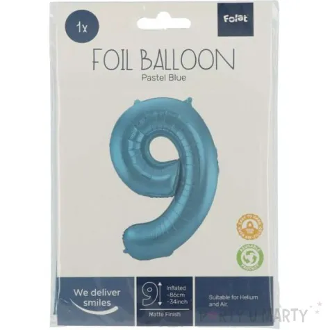 balon foliowy cyfra 9 metaliczny mat niebieski pastelowy folat 34 dgt