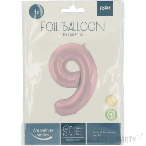 balon foliowy cyfra 9 metaliczny mat rozowy pastelowy folat 34 dgt