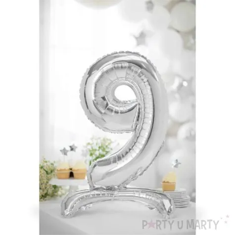 balon foliowy cyfra 9 stojaca srebrny partydeco 27 dgt