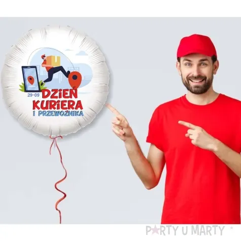 balon foliowy dzien kuriera i przewoznika z paczka bialy 18 rnd