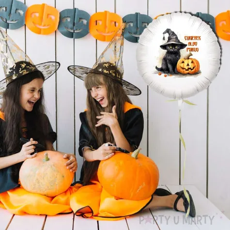 balon foliowy halloween cukierek albo psikus z kotem bialy 18 rnd