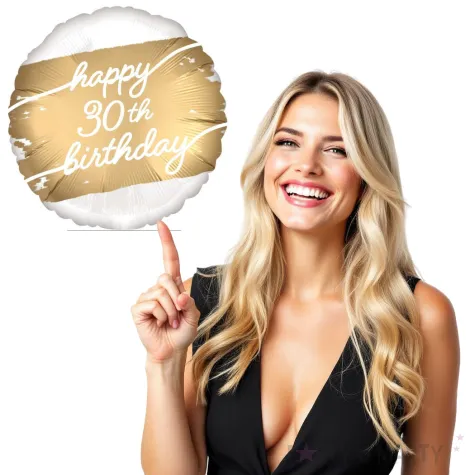 balon foliowy happy 30th birthday glamour dekoracja na 30 urodziny bialo zloty 18 rnd