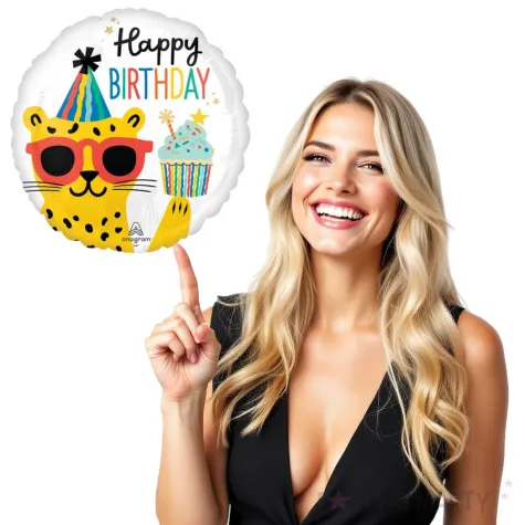 balon foliowy happy birthday gepard dekoracja na urodziny bialy 18 rnd
