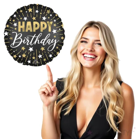 balon foliowy happy birthday gwiazdki glamour dekoracja na urodziny czarny 18 rnd