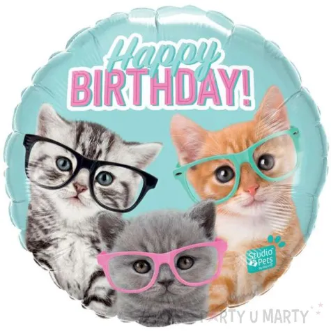 balon foliowy happy birthday koty w okularach qualatex 18 rnd