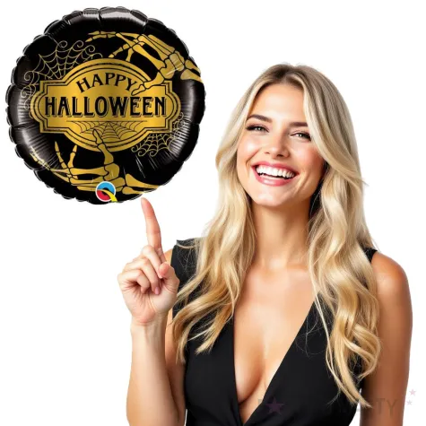 balon foliowy happy halloween czarno zloty qualatex 18 rnd
