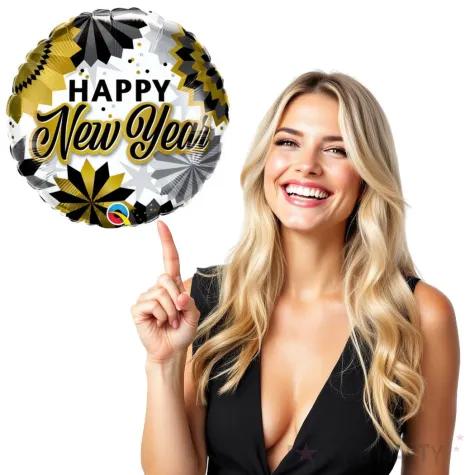 balon foliowy happy new year rozety bialo zloty qualatex 18 rnd