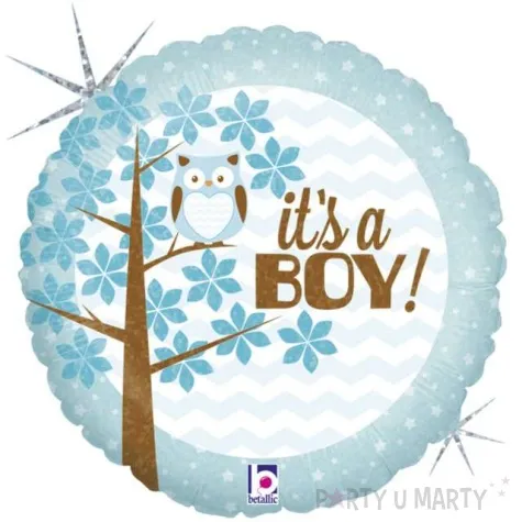balon foliowy its a boy sowa na drzewie blekitny betallic 18 rnd