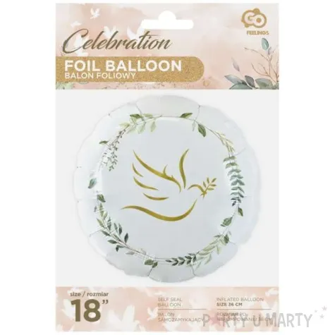 balon foliowy komunia swieta golabek z galazka oliwna i listkami bialy godan 18 rnd