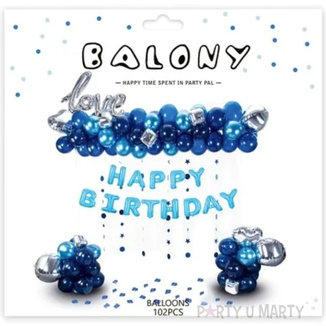 balon foliowy love happy birthday srebrno granatowe partypal zestaw 102 szt