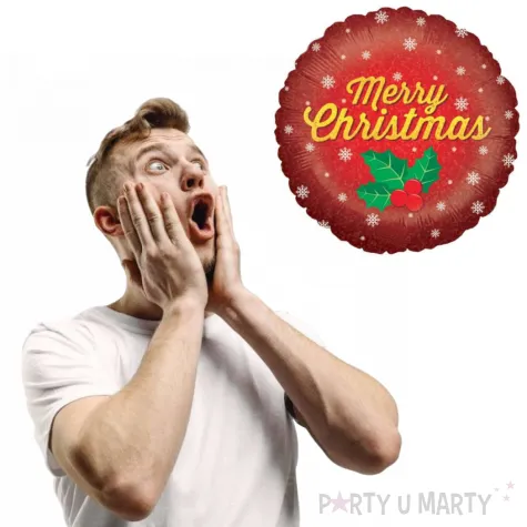 balon foliowy merry christmas holo czerwony betallic 18 rnd