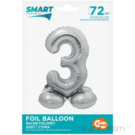 balon foliowy smart cyfra 3 stojaca srebrny godan 28 dgt