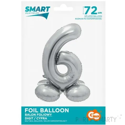balon foliowy smart cyfra 6 stojaca srebrny godan 28 dgt