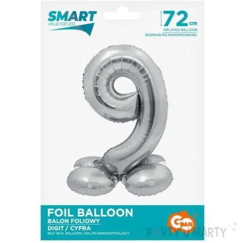 balon foliowy smart cyfra 9 stojaca srebrny godan 28 dgt