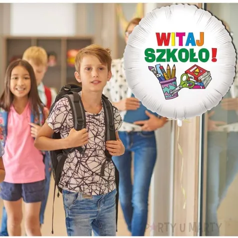 balon foliowy witaj szkolo bialy 18 rnd