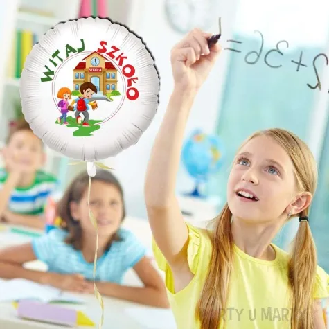 balon foliowy witaj szkolo szkola bialy 18 rnd