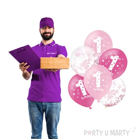 balony 1 birthday urodziny bialo rozowe partypal 12 6 szt