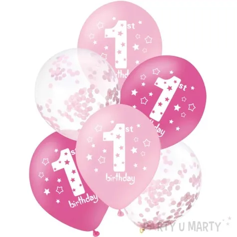 balony 1 birthday urodziny bialo rozowe partypal 12 6 szt