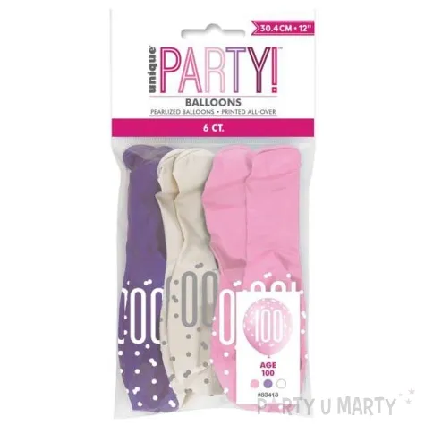 balony 100 urodziny glitz grochy pastel mix unique 12 6 szt