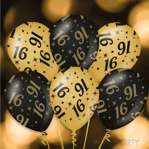 balony 16 urodziny classy party czarno zlote metalic 12 pd party 6 szt