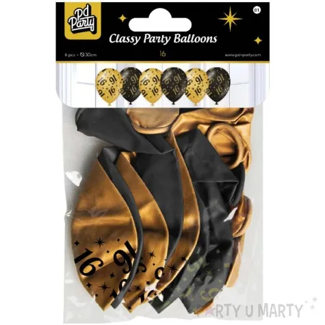 balony 16 urodziny classy party czarno zlote metalic 12 pd party 6 szt