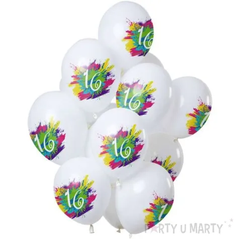 balony 16 urodziny color splash bialy folat 12 12 szt