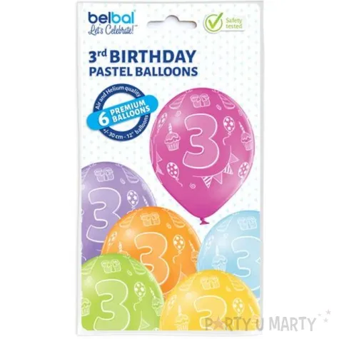 balony 3 urodziny pastel mix belbal 12 6 szt