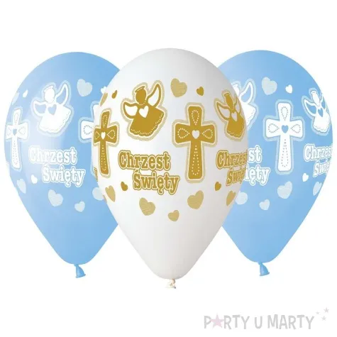 balony chrzest swiety krzyze i anioly bialo niebieski gemar 13 25 szt